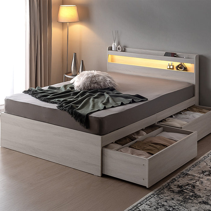 セミダブル］大容量 収納ベッド ライト付 宮付 USBコンセント 引き出し