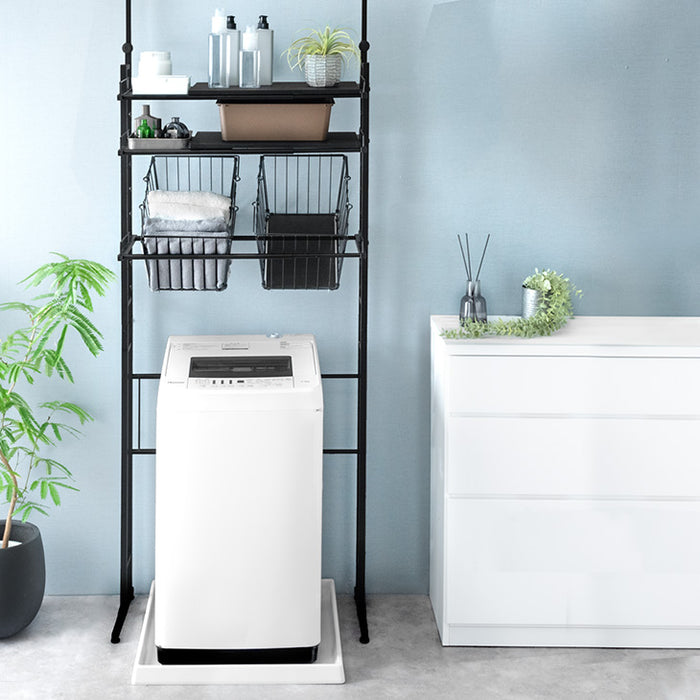 幅64～94] 突っ張り式ランドリーラック 伸縮 バスケット付 棚板 高さ