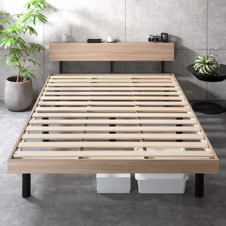 セミダブル］RENEW 宮棚付きベッド 高さ調節OK 2口コンセント付 ベッド