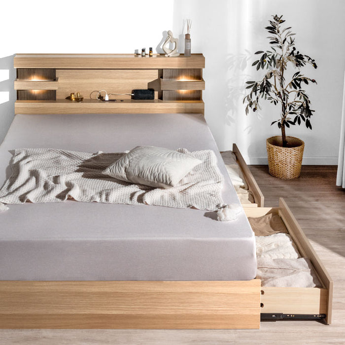 クイーン］宮付きベッド フレーム単品 引き出し収納付き 2口コンセント