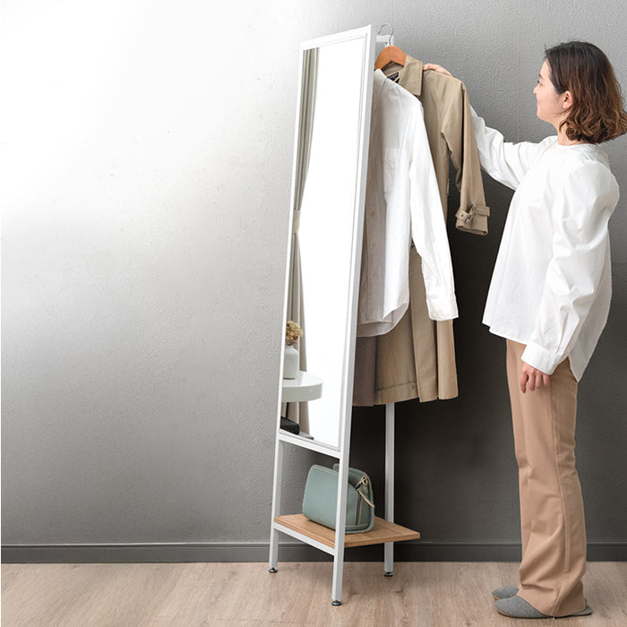 幅45cm］スタンドミラー コートハンガー付 棚付き 鏡 姿見 木製 全身鏡