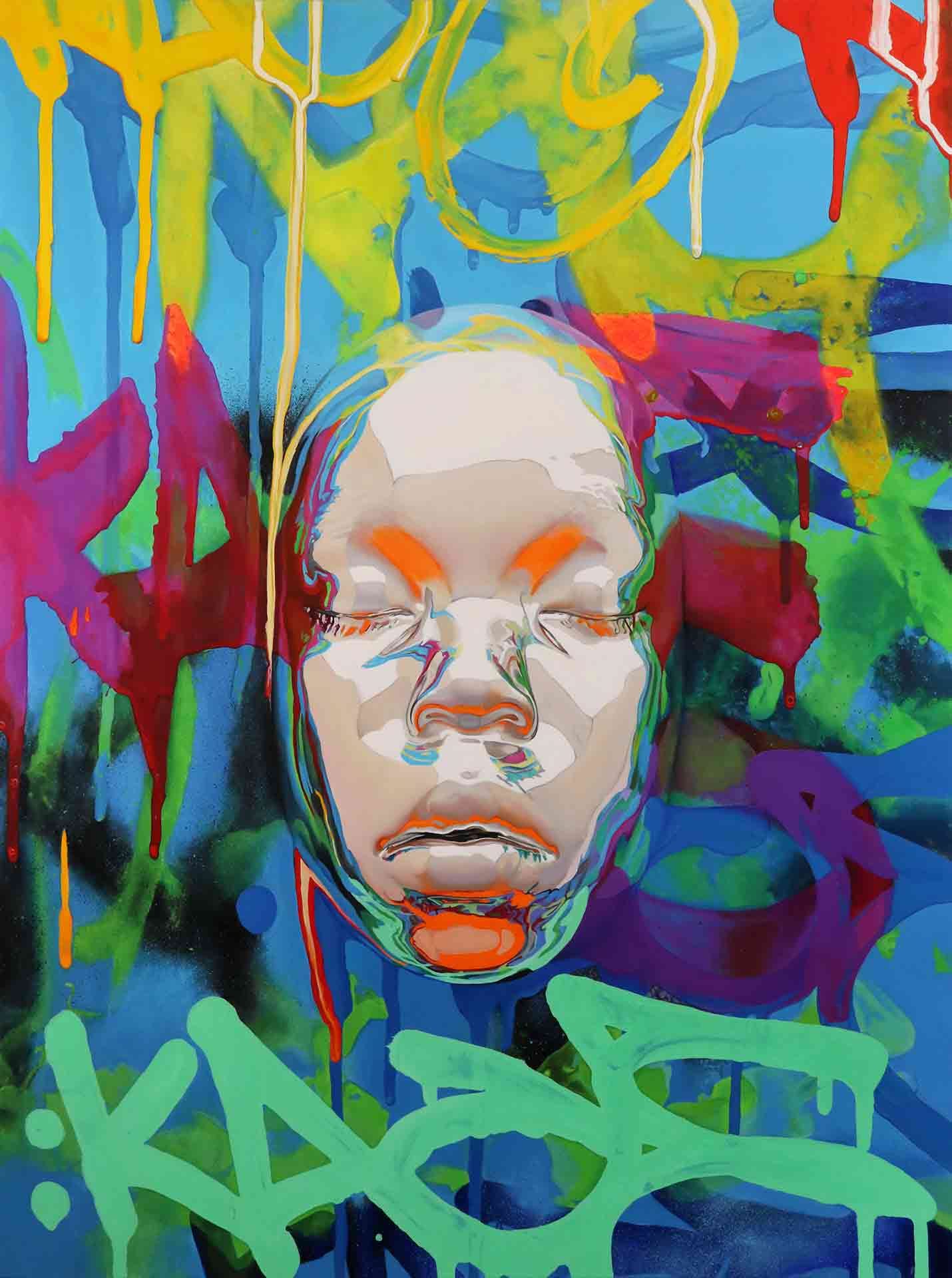 Chrome Faces Protrude from Drippy, Graffiti Backdrops in