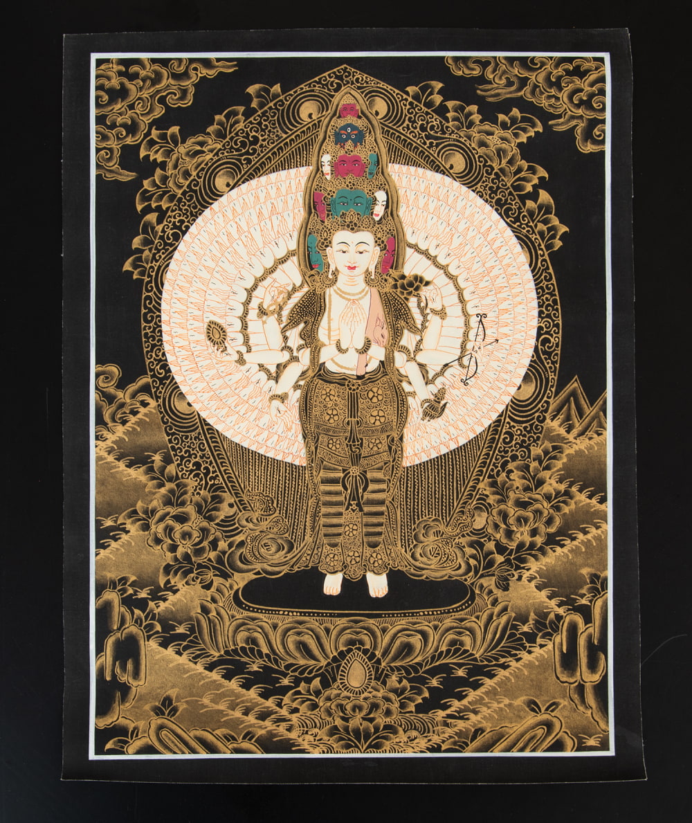 送料無料 観音菩薩 タンカ 仏画 マンダラ 〔一点物〕タンカ 十一面千手