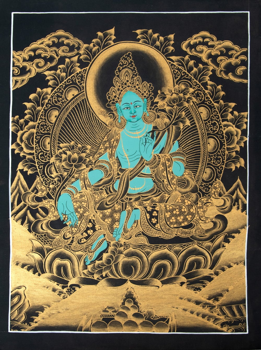 送料無料 観音菩薩 タンカ 仏画 マンダラ 〔一点物〕タンカ グリーン