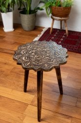 直径52.5cm】フラワーマンダラの彫刻が美しいサイドテーブル ブラウン