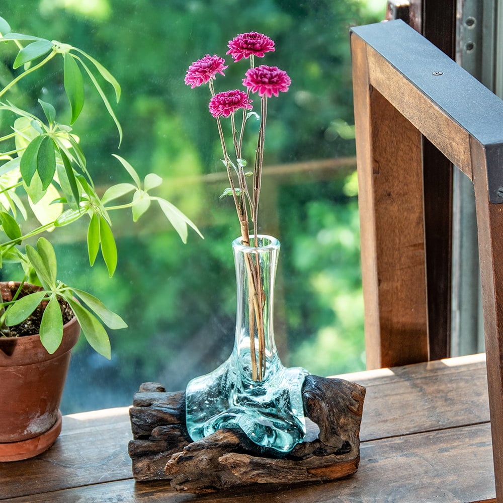 バリ島 インテリア 花瓶 ガラスボウル 天然木とリサイクルガラスの