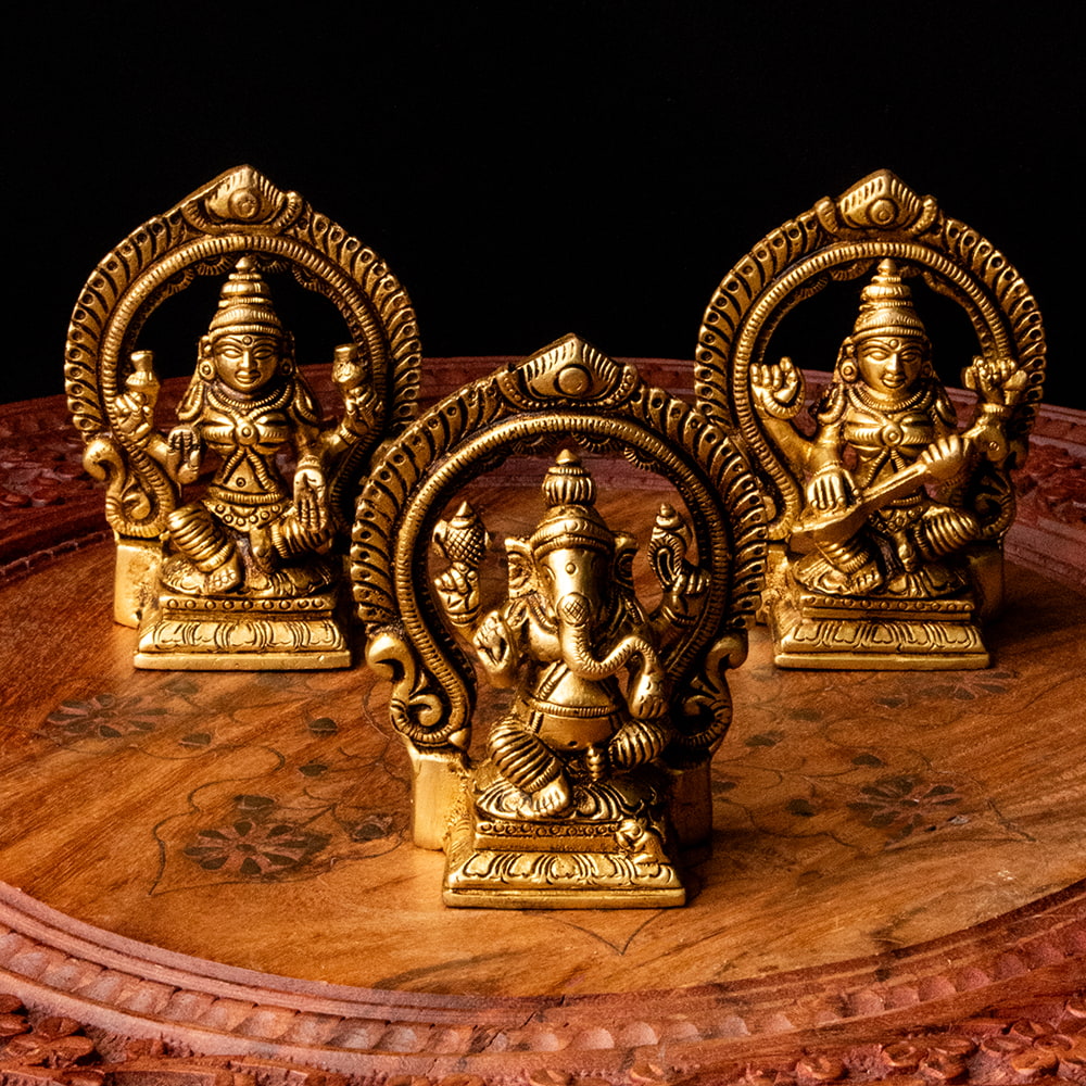3柱セット】ガネーシャ・ラクシュミ・サラスヴァティ坐像 重厚なブラス