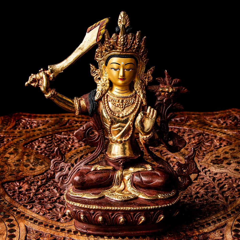 送料無料 銅造鍍金仕上げ 文殊菩薩 利剣 仏像 マンジュシュリー 文殊師