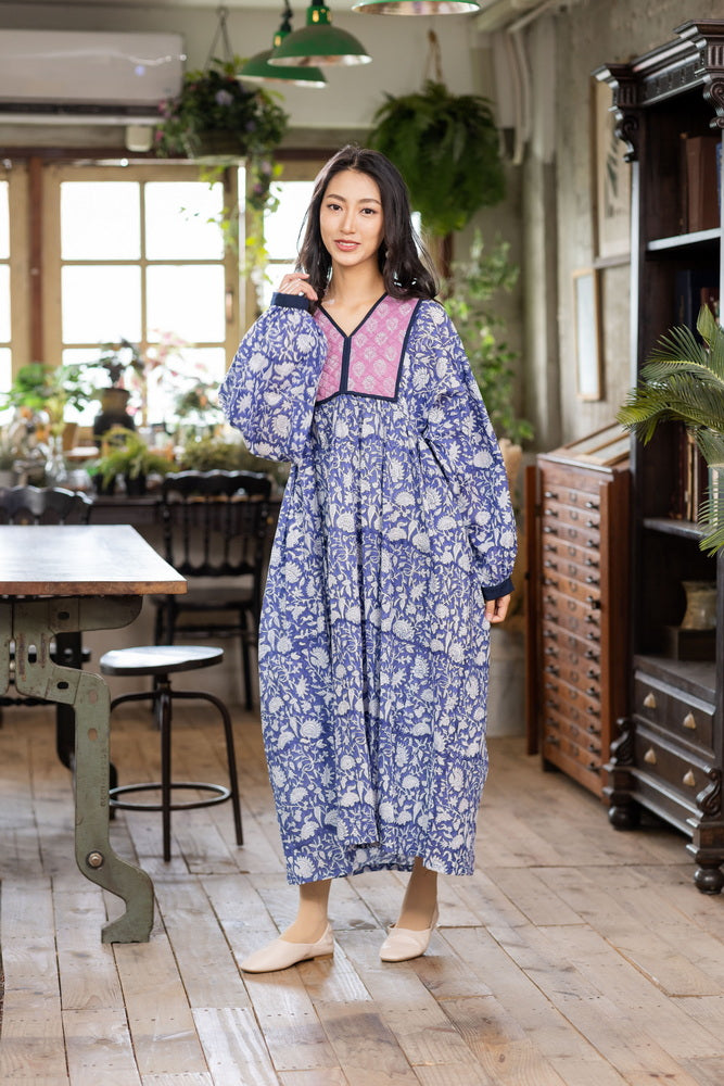 ハンブロックプリントインド綿胸キルトワンピース — UNIQKY