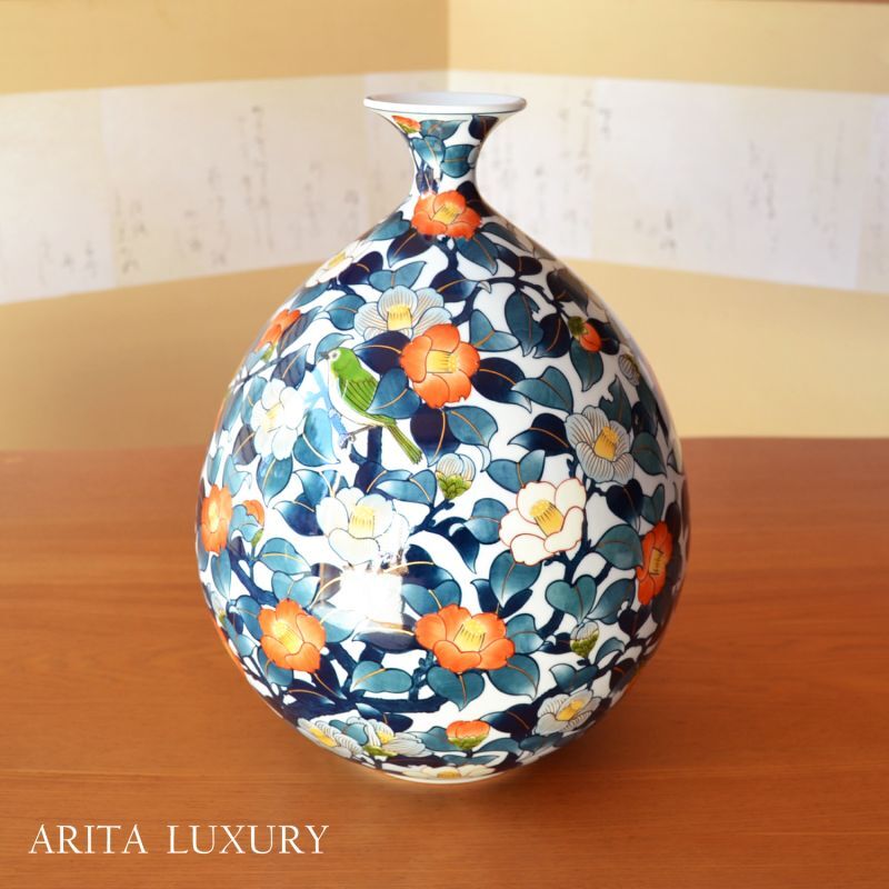 有田焼やきもの市場 | 有田焼 染錦椿と鴬（うぐいす）紋様 大壷 藤井勝