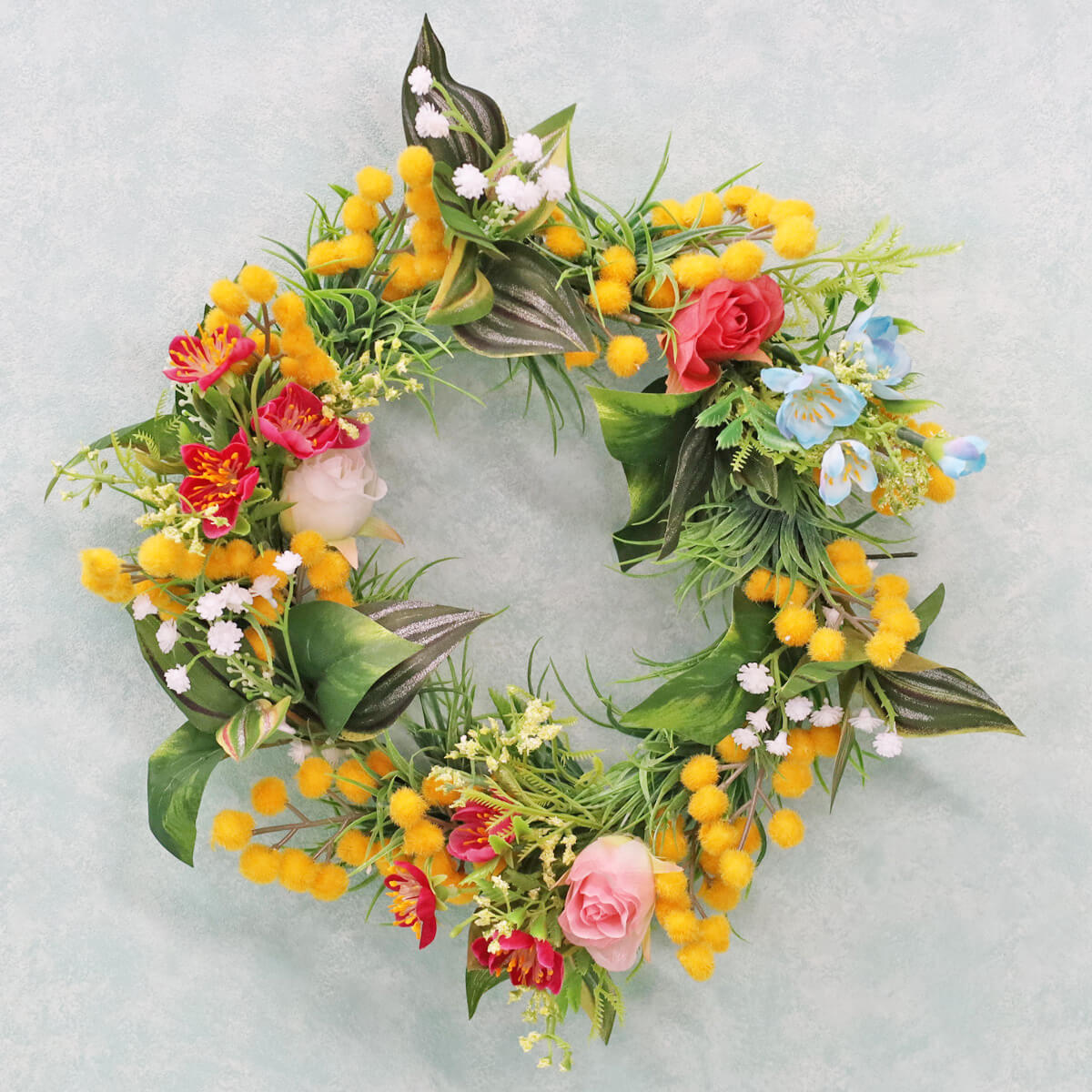 造花 ミモザとミニフラワーのリースアレンジ CT触媒 シルクフラワー