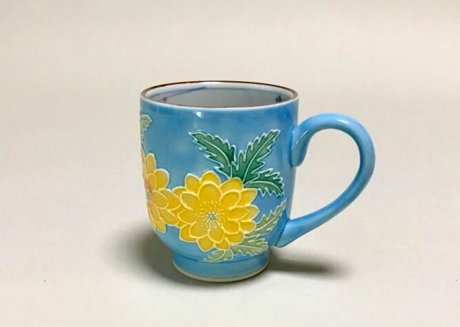 京焼・清水焼 マグ 浅葱交趾福寿草 （あさぎこうちふくじゅそう）｜京