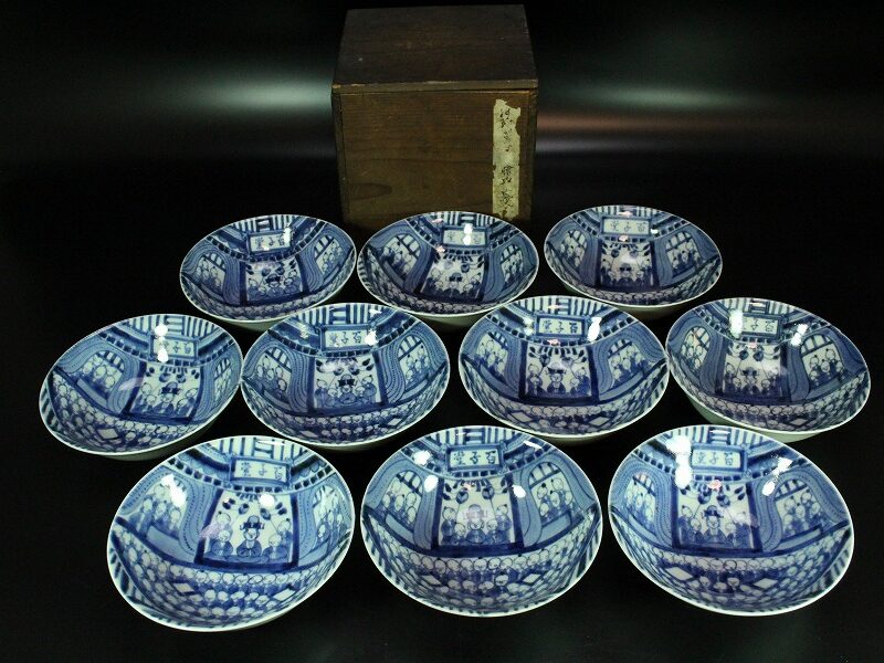 SOLD OUT 中国美術 青花 古染付 百子堂図 碗 十件 揃 清代(XA674