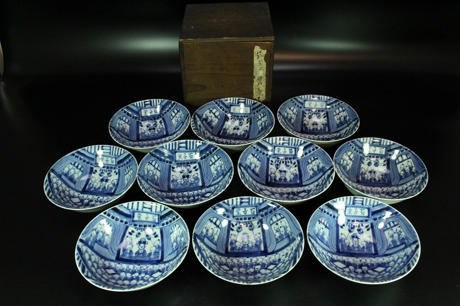 SOLD OUT 中国美術 青花 古染付 百子堂図 碗 十件 揃 清代(XA674