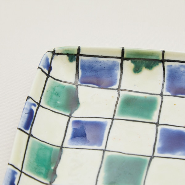WEB限定】藤井敬之 三彩格子文角浅鉢 青緑｜作家もの｜料理家 栗原