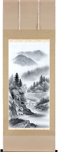 山水の掛け軸 平野秀峰作 水墨山水