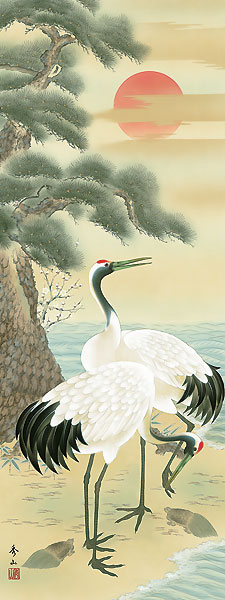 鶴亀の掛け軸 鈴村秀山作 松竹梅鶴亀 d3501