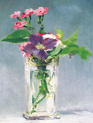 マネ作 ガラス花瓶の中のカーネーションとクレマティス