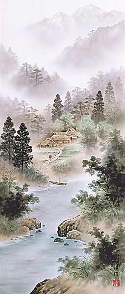 山水の掛け軸 太田瑛弥作 彩色山水