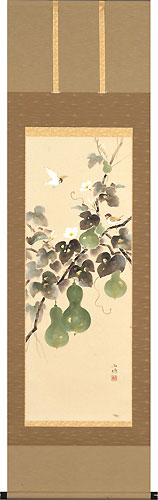 K茶道具 掛軸 「菊花鶏の圖」 小芳女史作 配送用自作桐箱 S204KJ K