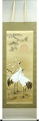 鶴亀の掛け軸 浅野寿峰作 鶴亀の図 p1302