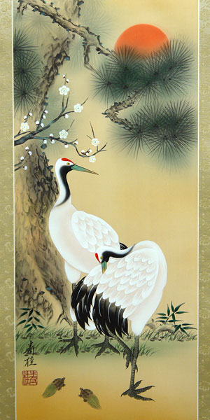 鶴亀の掛け軸 大庭寿桂作 鶴亀の図 p1601