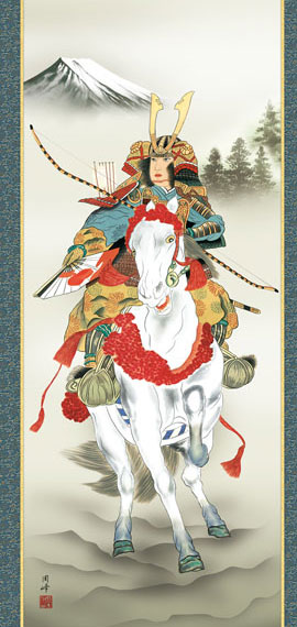 端午の節句掛け軸 高畠周峰作 白馬武者