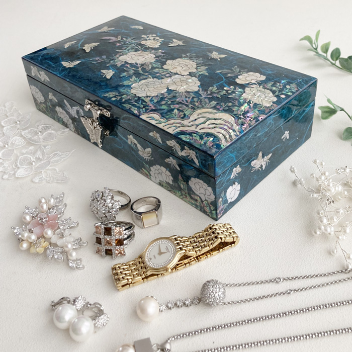 螺鈿の高級ジュエリーボックス・高級螺鈿結納金・青牡丹 高級結納品箱