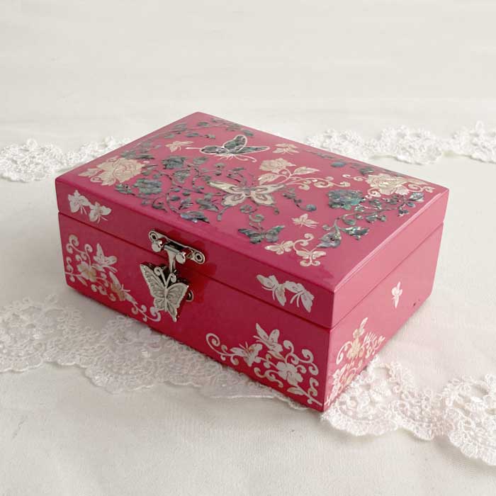 螺鈿の高級ジュエリーボックス・高級螺鈿宝石箱-蝶花ピンク 高級結納品