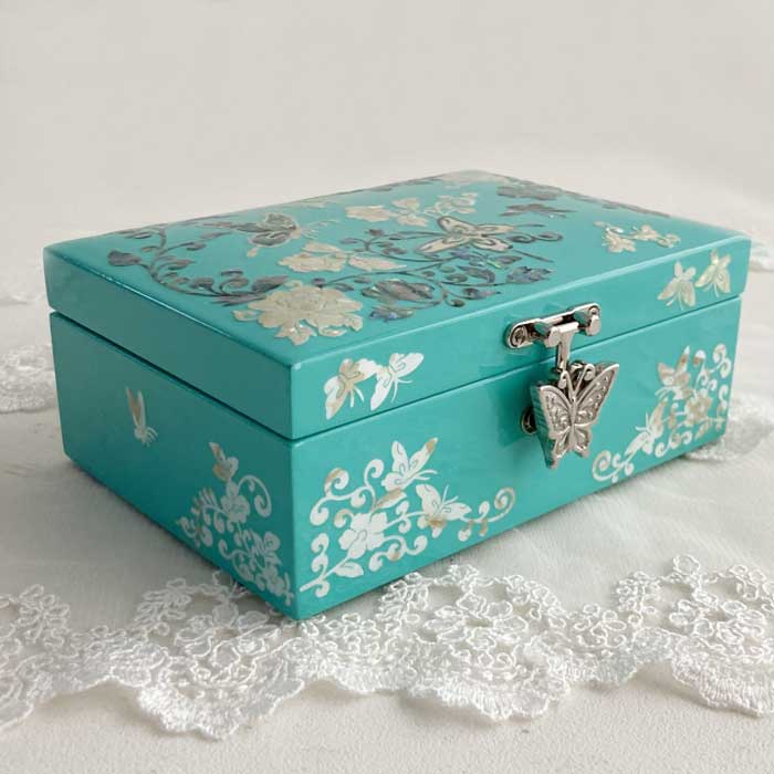 螺鈿の高級ジュエリーボックス・高級螺鈿宝石箱-蝶花ブルー 高級結納品