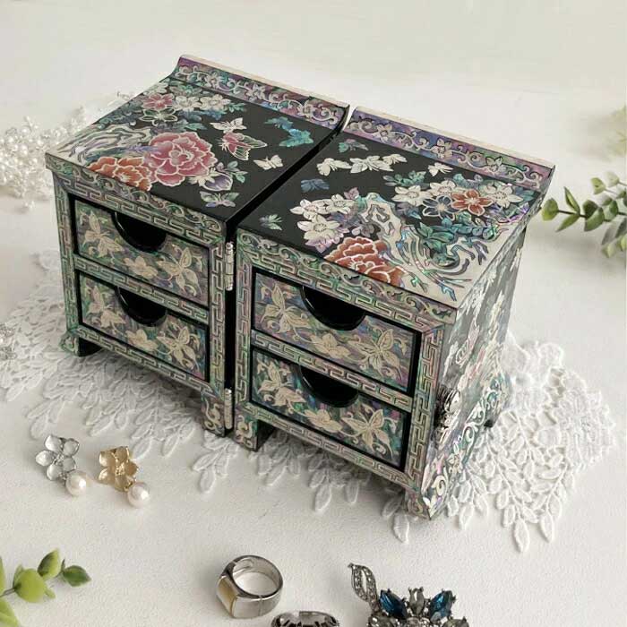 螺鈿の高級ジュエリーボックス観音開き 引き出し チェスト韓国高級螺鈿