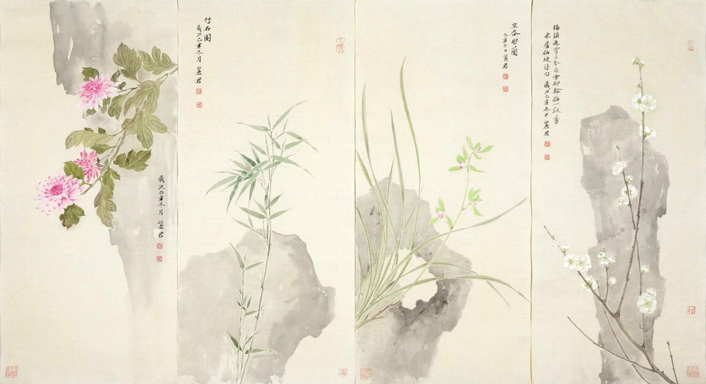 梅兰竹菊四条屏，四尺四开，精品小写意花鸟国画- 精品字画,一手货源,木