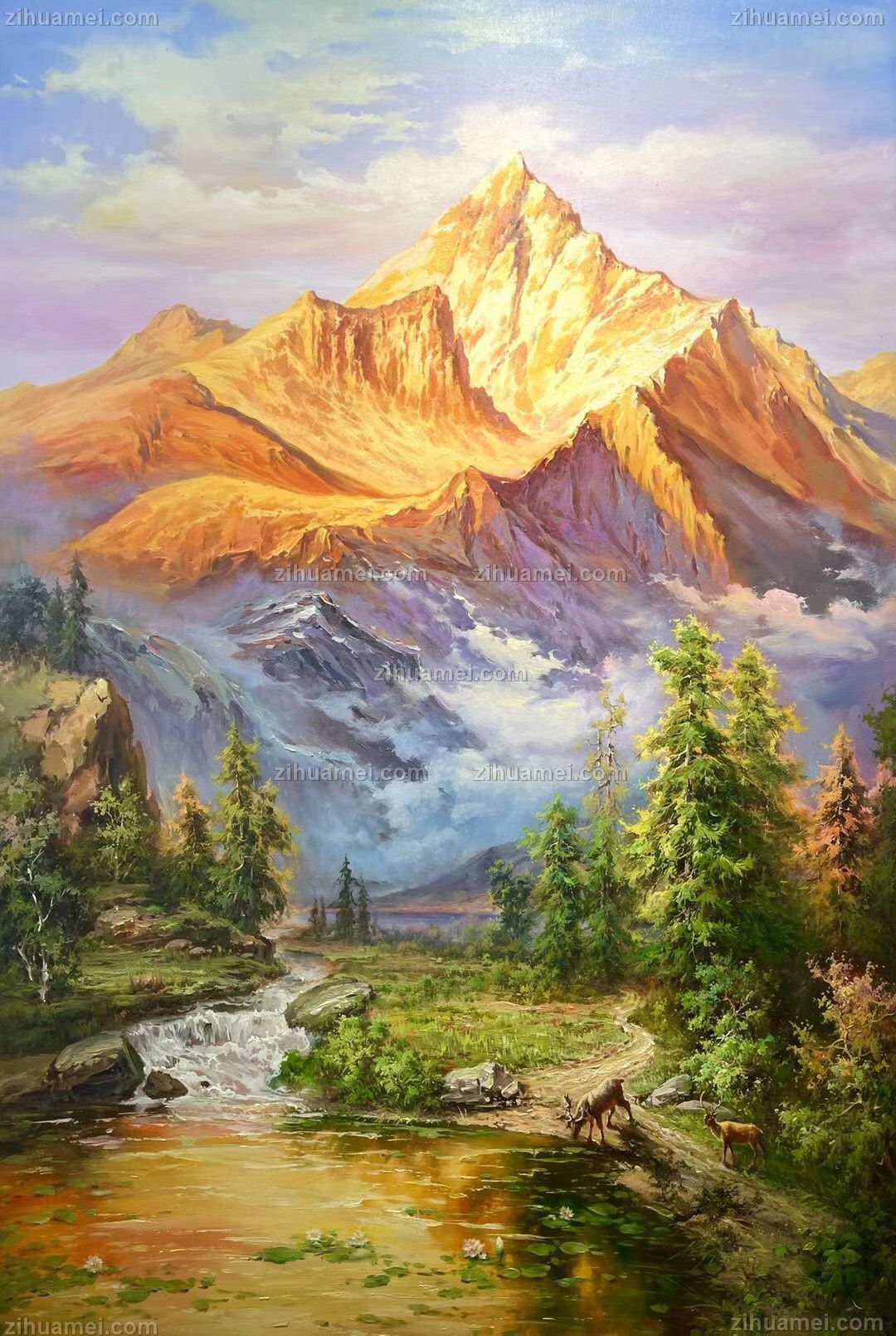 新中式写意风景油画金山背靠大山路路发财源广进中式高品质风水油画-字画美