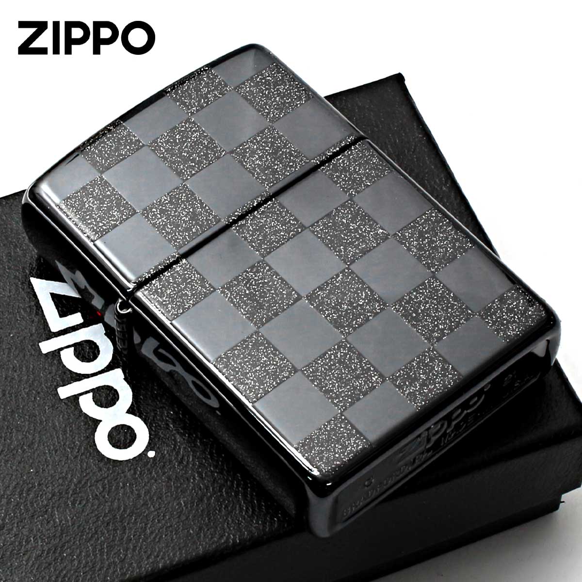 Zippo ジッポー チェック ラメ 幾何学模様 両面加工 ブラック ジオ