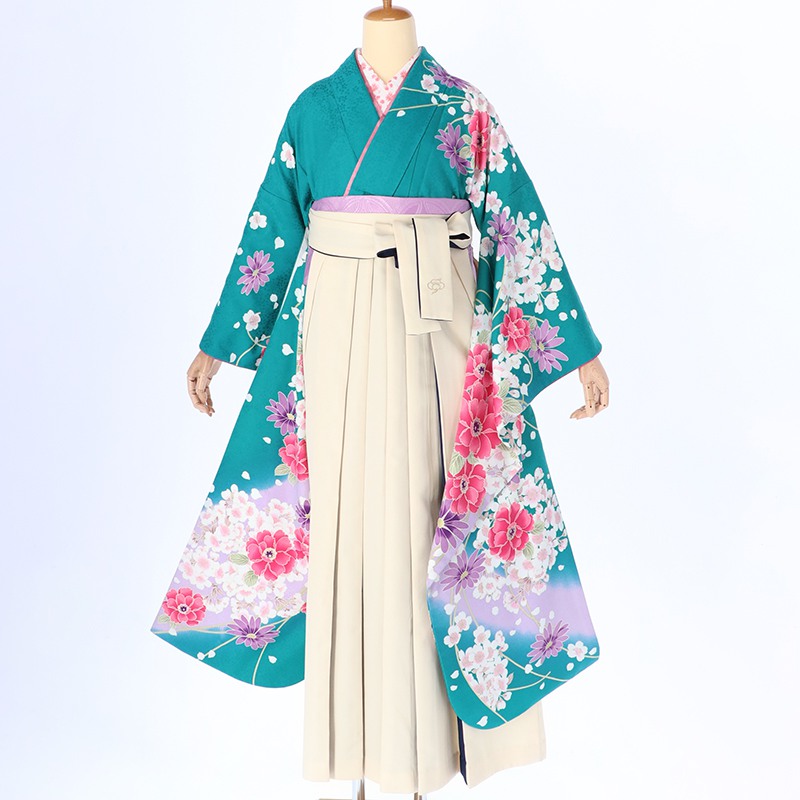 振袖袴： R294 エメラルドグリーン パープル 桜ブーケ│ 袴レンタル