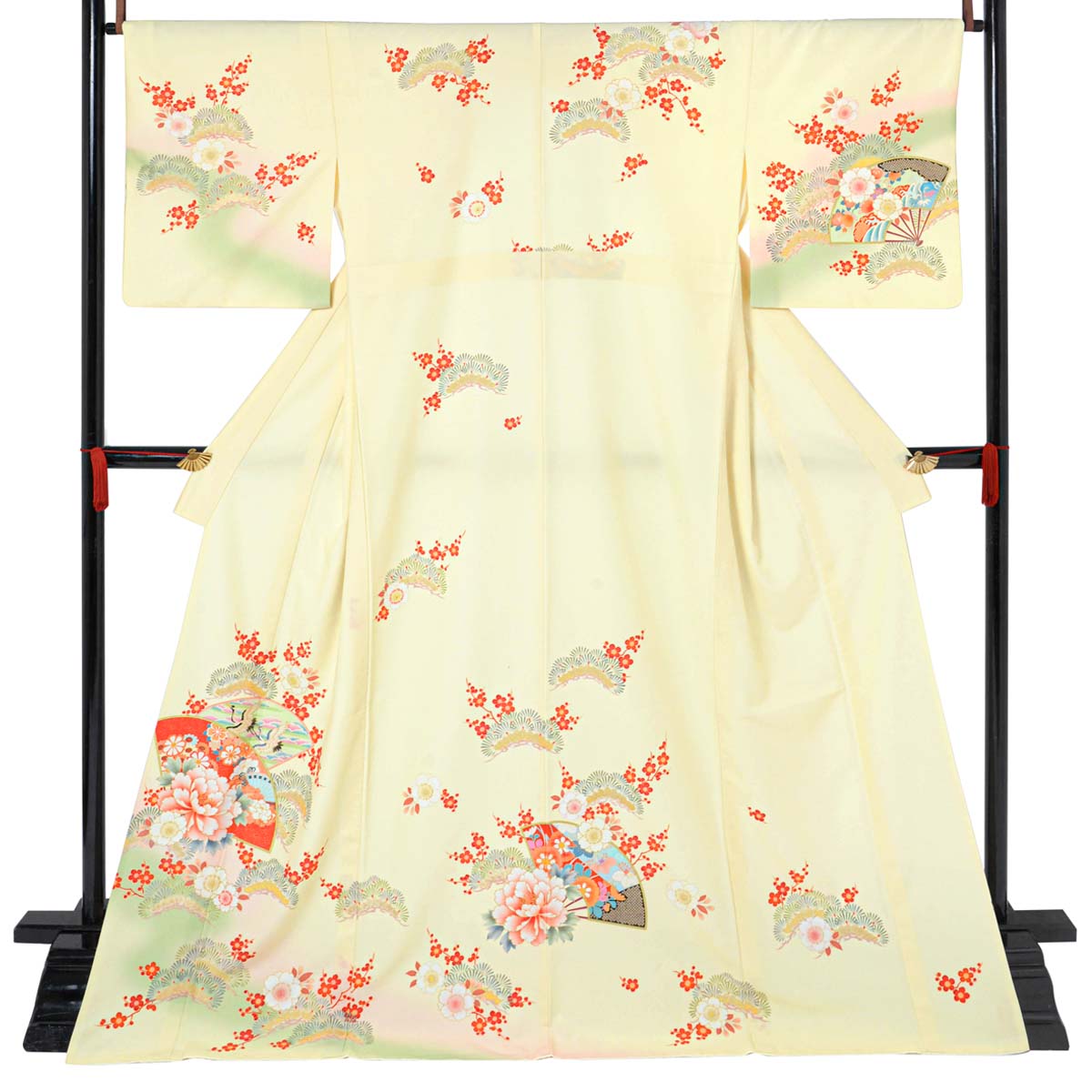 訪問着：H1016 薄黄色 扇面牡丹に鶴松桜(H1017)| 訪問着レンタル
