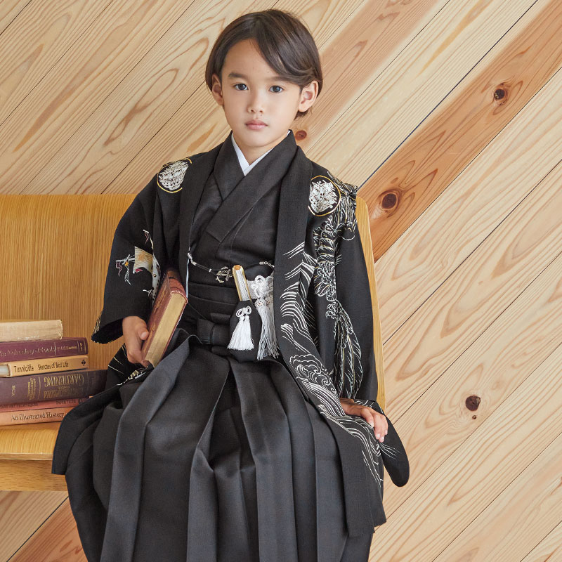 男児袴：BY065 【五歳】黒大波に帆船×黒無地 七五三男児袴レンタル