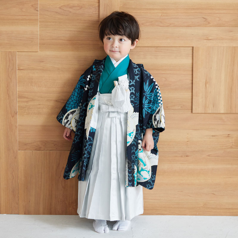 男児袴：BY107 【三歳】紺鷹の丸文×灰銀縞 七五三男児袴レンタルセット