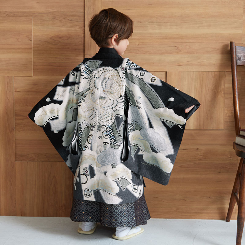 男児袴：BY109 【五歳】黒熨斗束向い鷹×黒華花変り格子 七五三男児袴