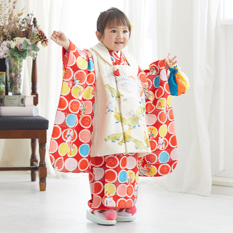 七五三被布 : モダンアンテナ K061 【三歳女児被布】黄色×赤 鳩と