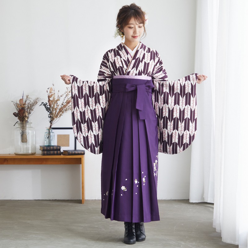 二尺袖袴：G744 紫×白 矢羽根に小桜│ 袴レンタル │ 京都着物レンタル夢館