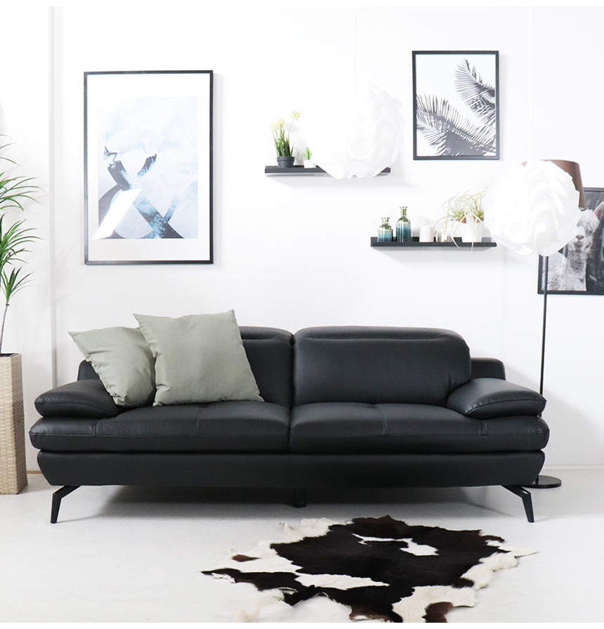 輸入家具 本革 リクライニングソファ 三人掛け ブラック(黒