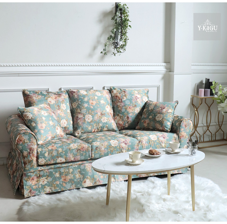 輸入家具 3人掛けソファ ローズカバーリングソファ ブルー クラシック