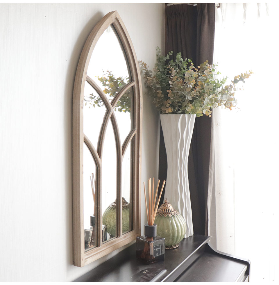 ローマ調 ウィンドウミラー 壁掛け鏡 ウッド｜おしゃれインテリア