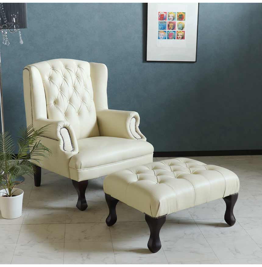 チェスターフィールド オットマン スツール アイボリーレザー