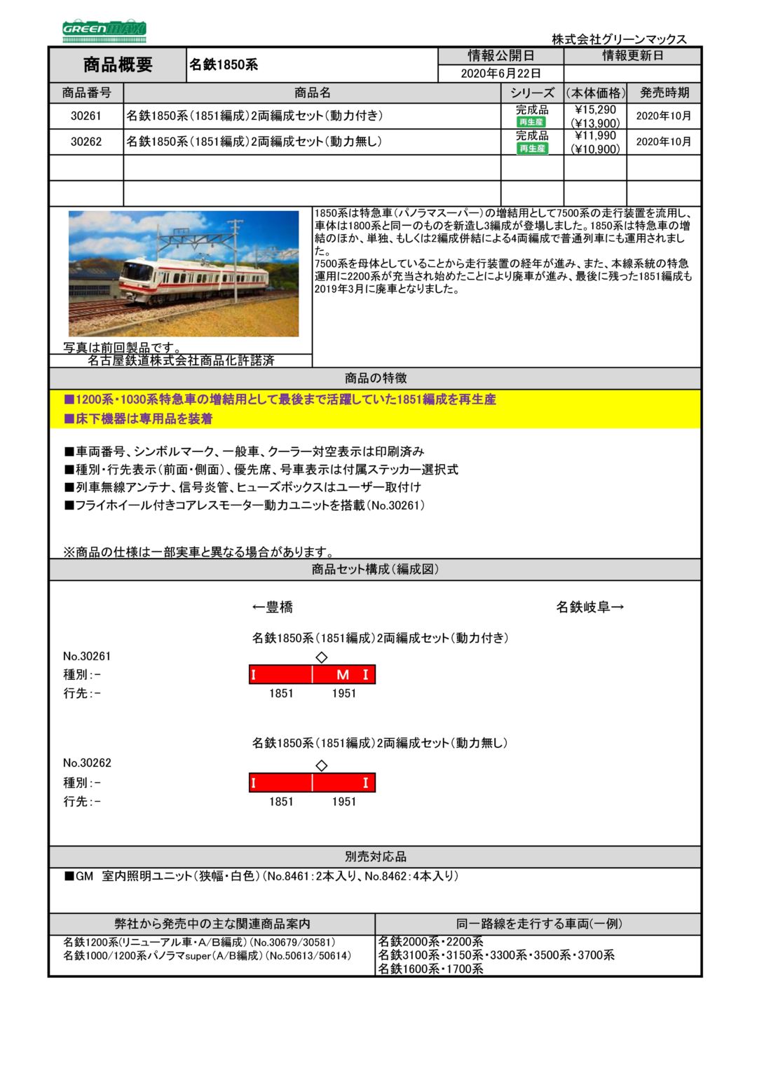 GM 名鉄1850系（1851編成）2両編成セット（動力無し）品番:30262