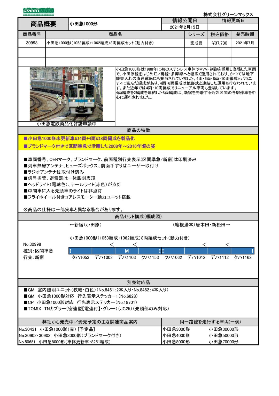 GM 小田急1000形（1053編成+1062編成）8両編成セット（動力付き） 品番