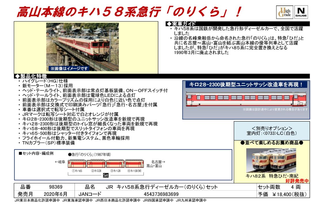 TOMIX JR キハ58系急行ディーゼルカー(のりくら)セット 品番:98369