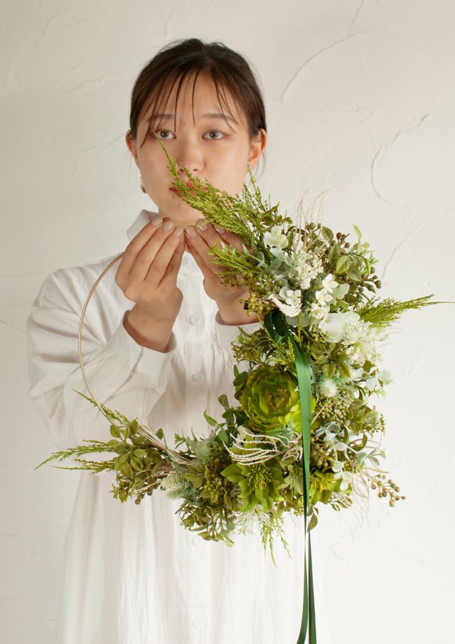 ウェディングブーケ】 Forest-Mist リースブーケ ブートニア付き【造花