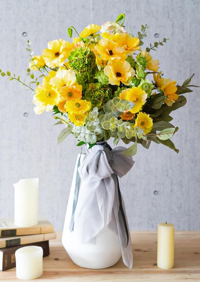 ウェディングブーケ】イエロー&グレー ポピーのクラッチブーケ